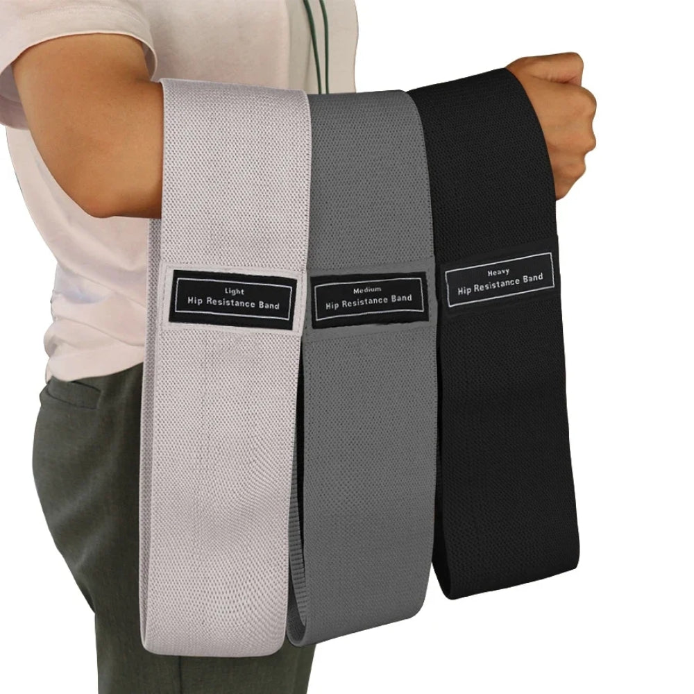 Fashions Envy Hip Booty Bands set of three fabric resistance loops in light gray medium gray and black for glute workouts