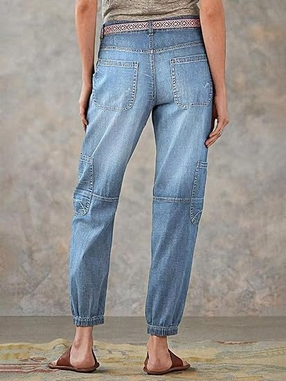 Trendsi Light Wash Joggers back view light wash denim joggers with patch pockets cargo seams and elastic cuffs
