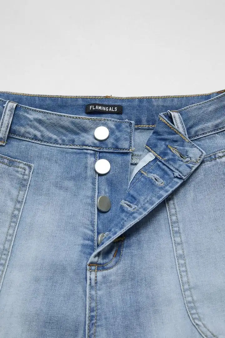 Light Wash Joggers high waist button fly close up showing silver snaps belt loops and front pockets