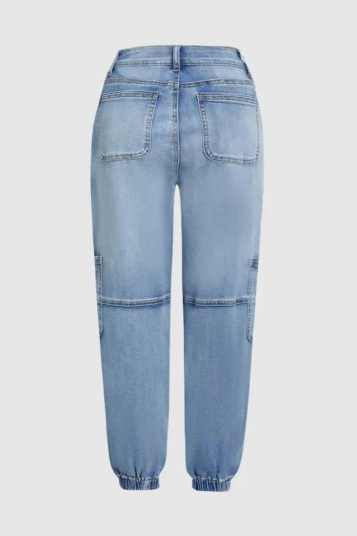 Trendsi Light Wash Joggers back view light denim with patch pockets elastic cuffs and relaxed fit