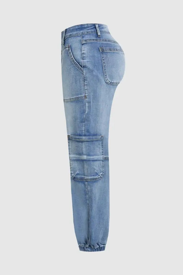 Trendsi Light Wash Joggers side view showing denim joggers with cargo patch pockets and elastic ankle cuffs