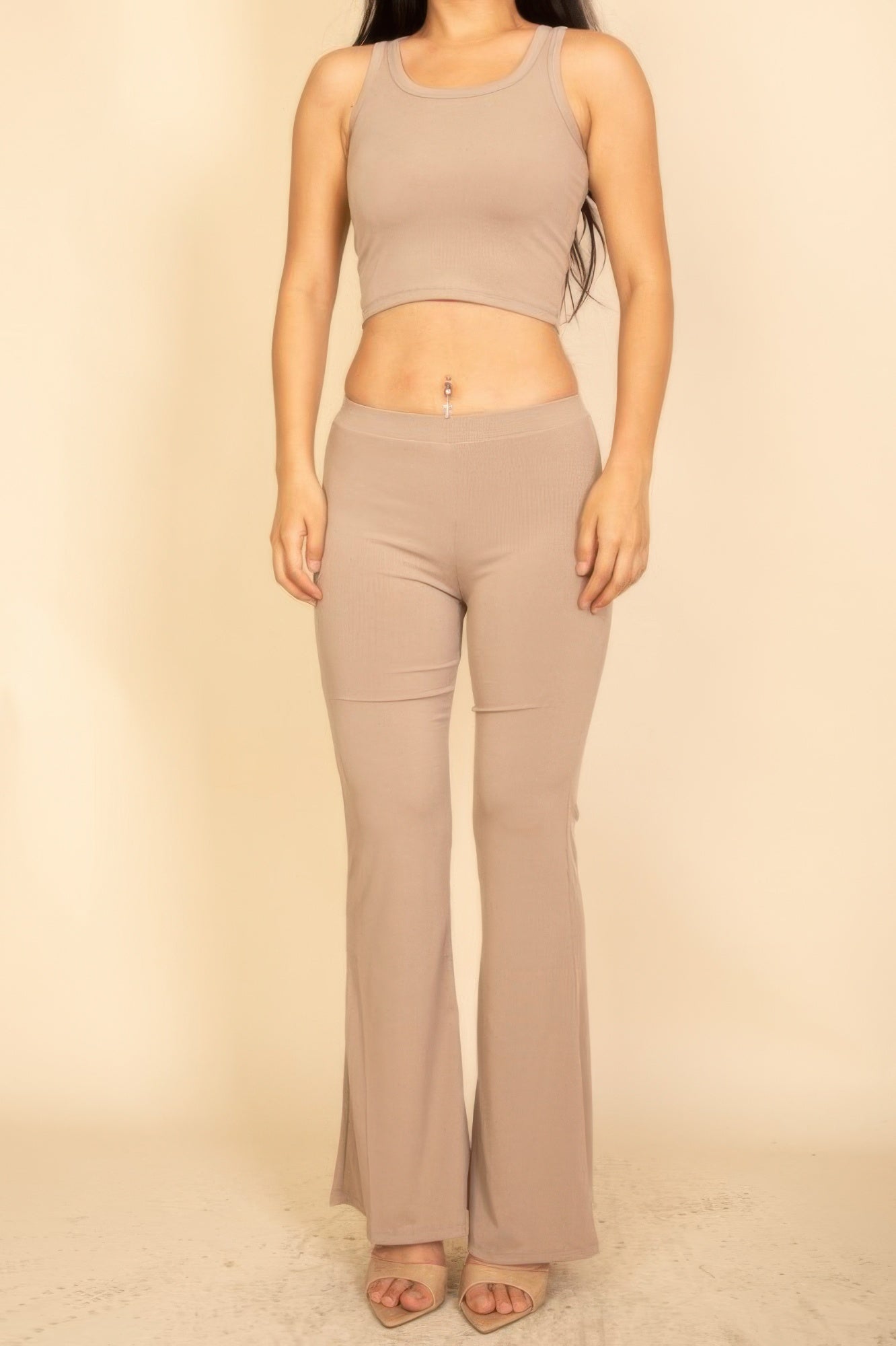 CCWHOLESALECLOTHING Flared Pants Set in Beige with a Cropped Tank Top and Fitted Pants