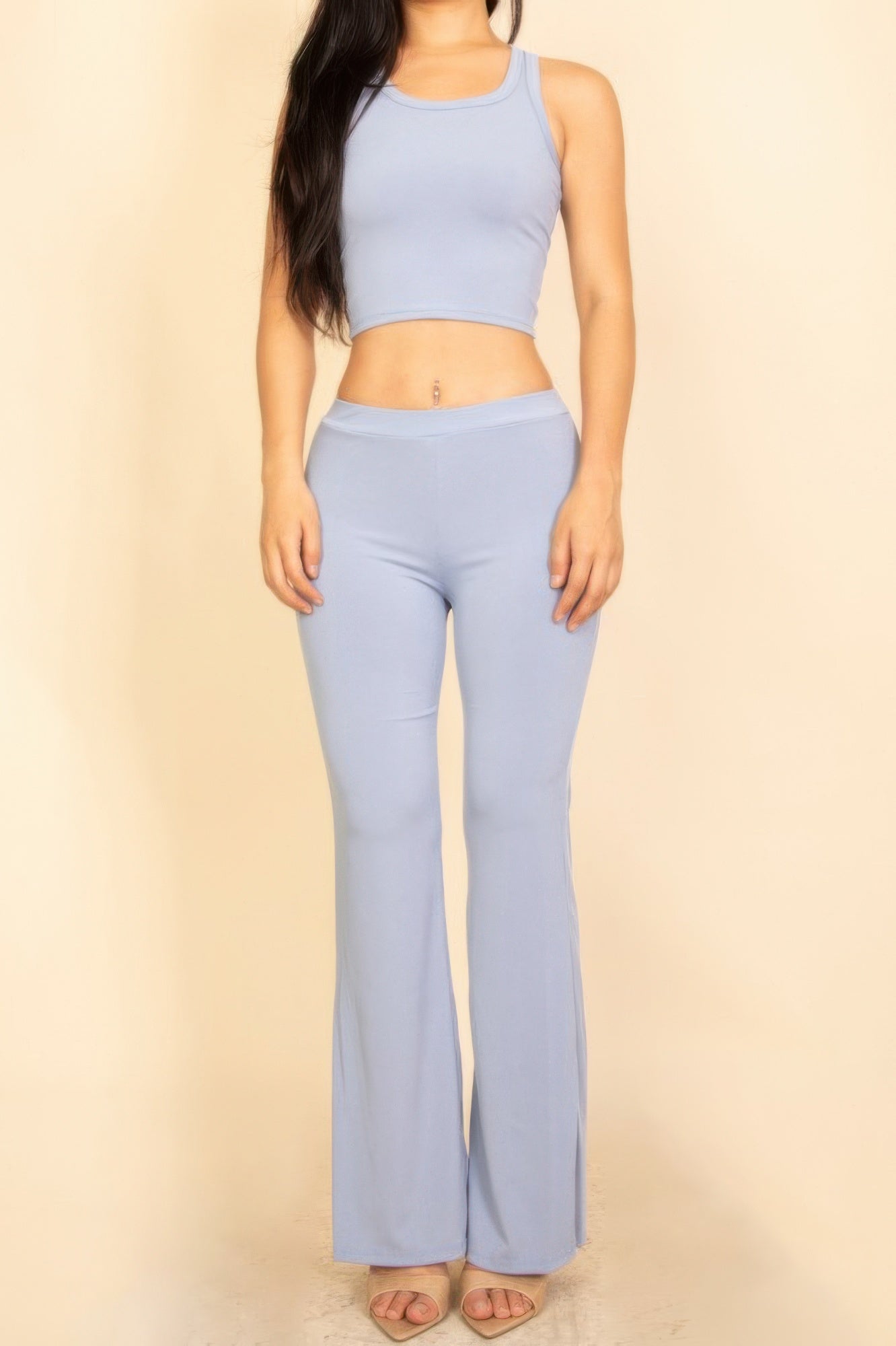 Light blue Flared Pants Set featuring a crop top and high-waisted flared pants for a stylish look