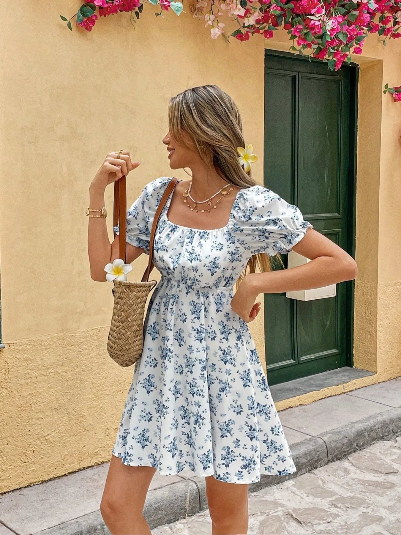 Trendsi Floral Print Mini Dress in Light Blue with Short Puff Sleeves and Flared Skirt