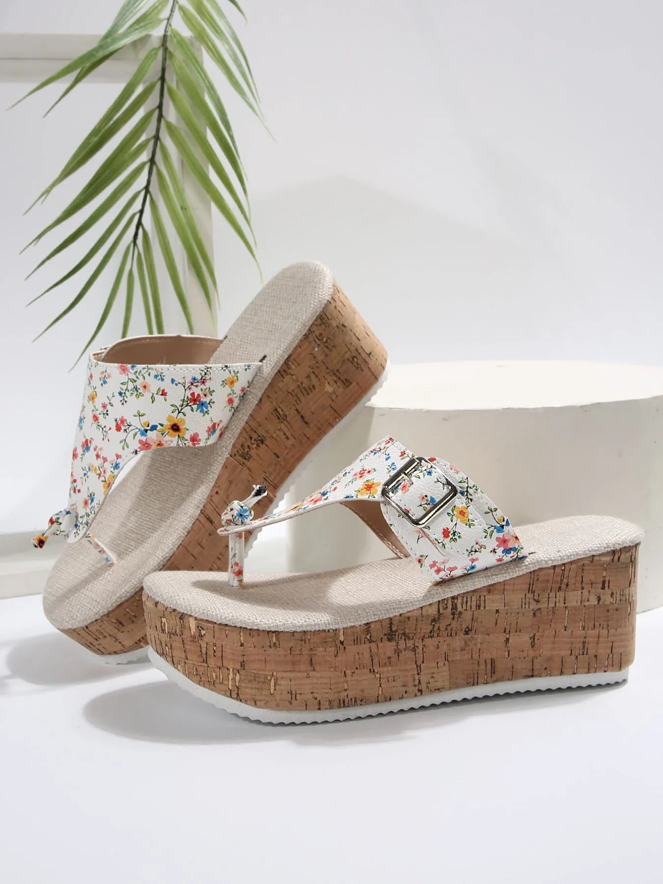Trendsi Floral Wedge Mid Heel sandals with cork platform and floral strap with buckle