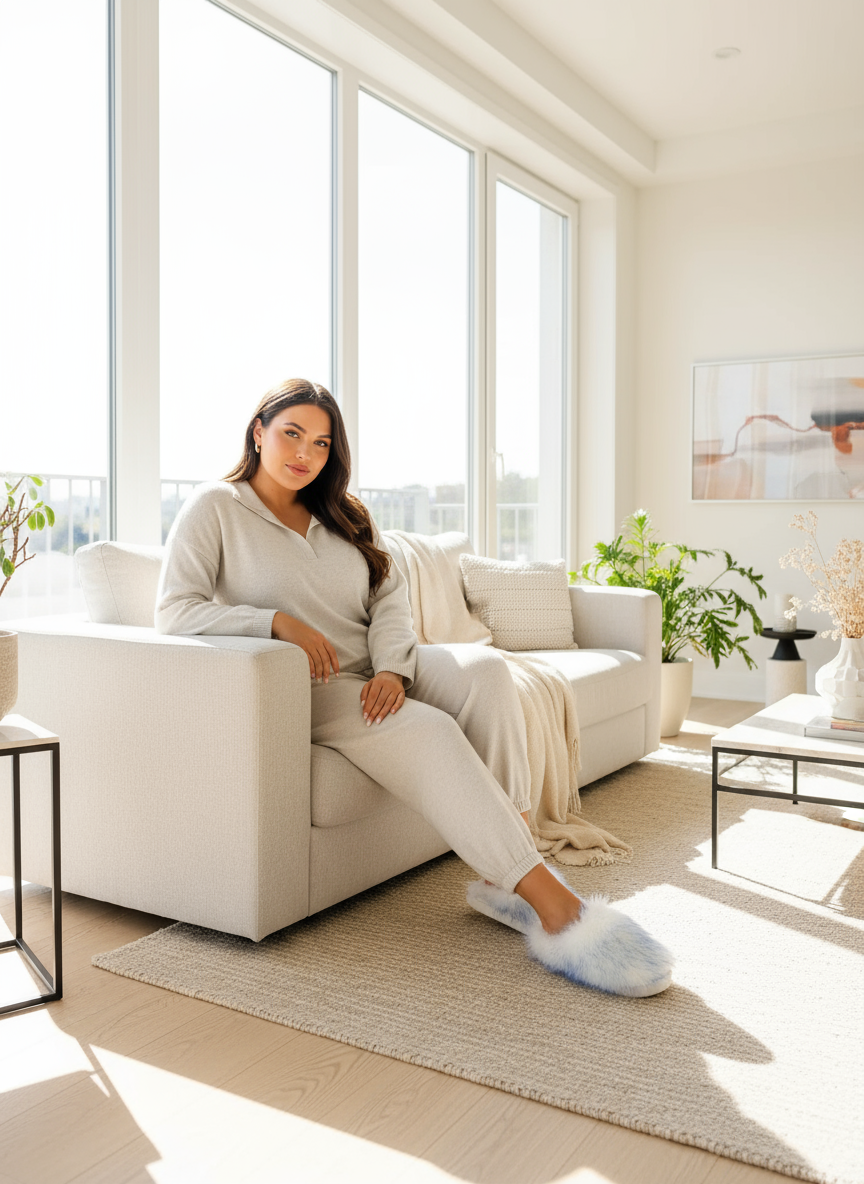 Fuzzy round toe slippers cozy living room lifestyle