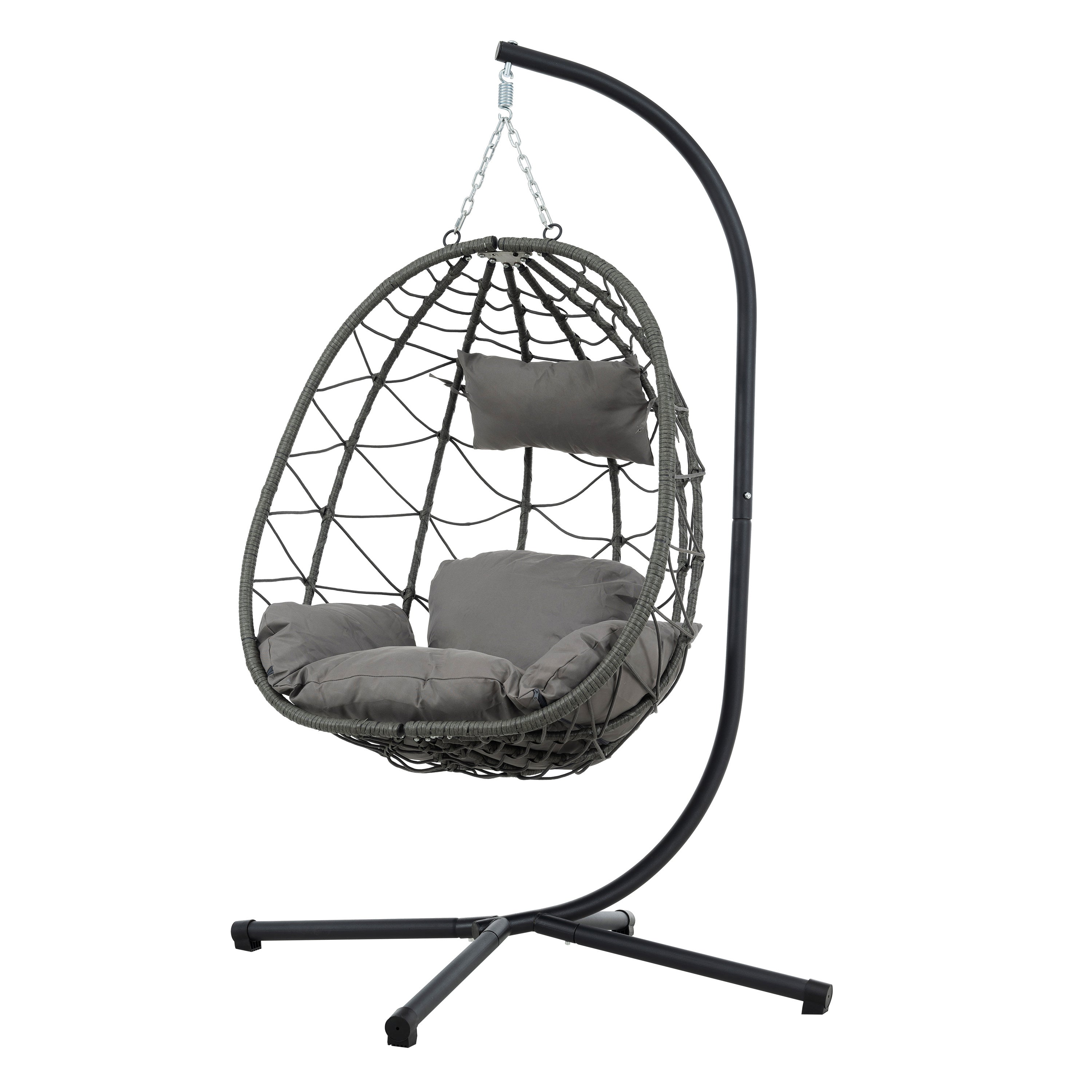 Trendsi outdoor hanging egg chair with metal stand gray woven rattan and plush gray cushions for patio