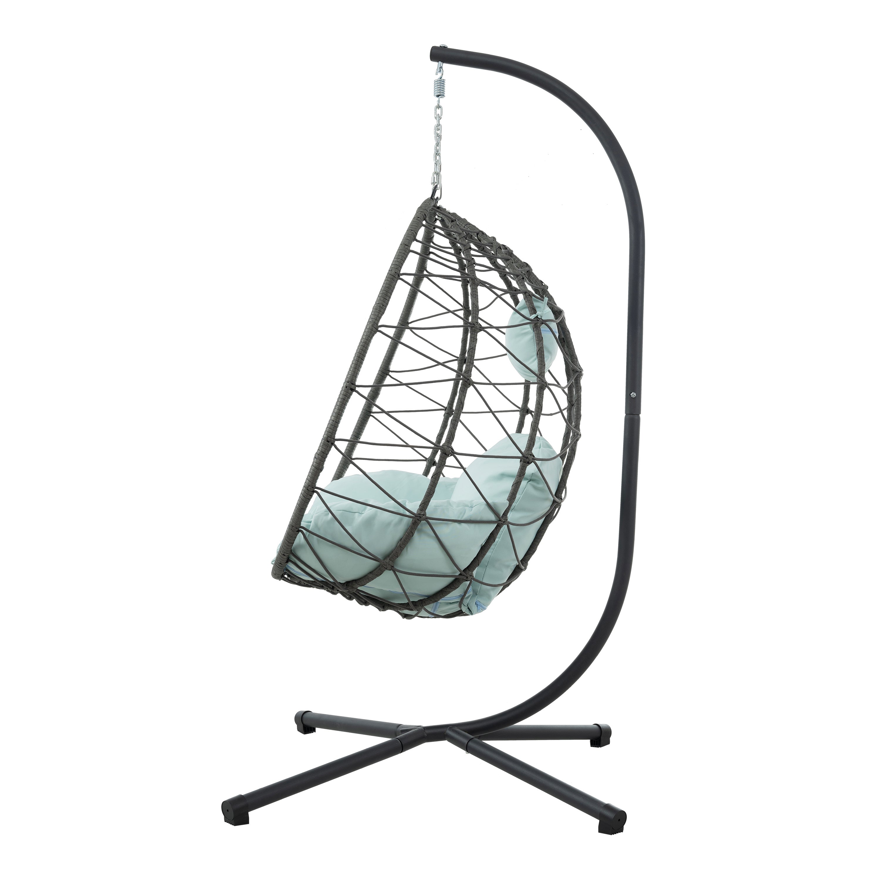 Trendsi outdoor hanging egg chair with brown wicker shell light blue cushions and black stand