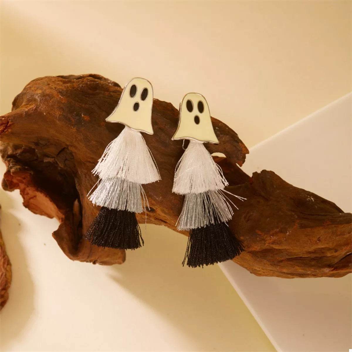 Trendsi Ghost and Pumpkin Dangle Earrings with Black and White Tassels for Halloween Style