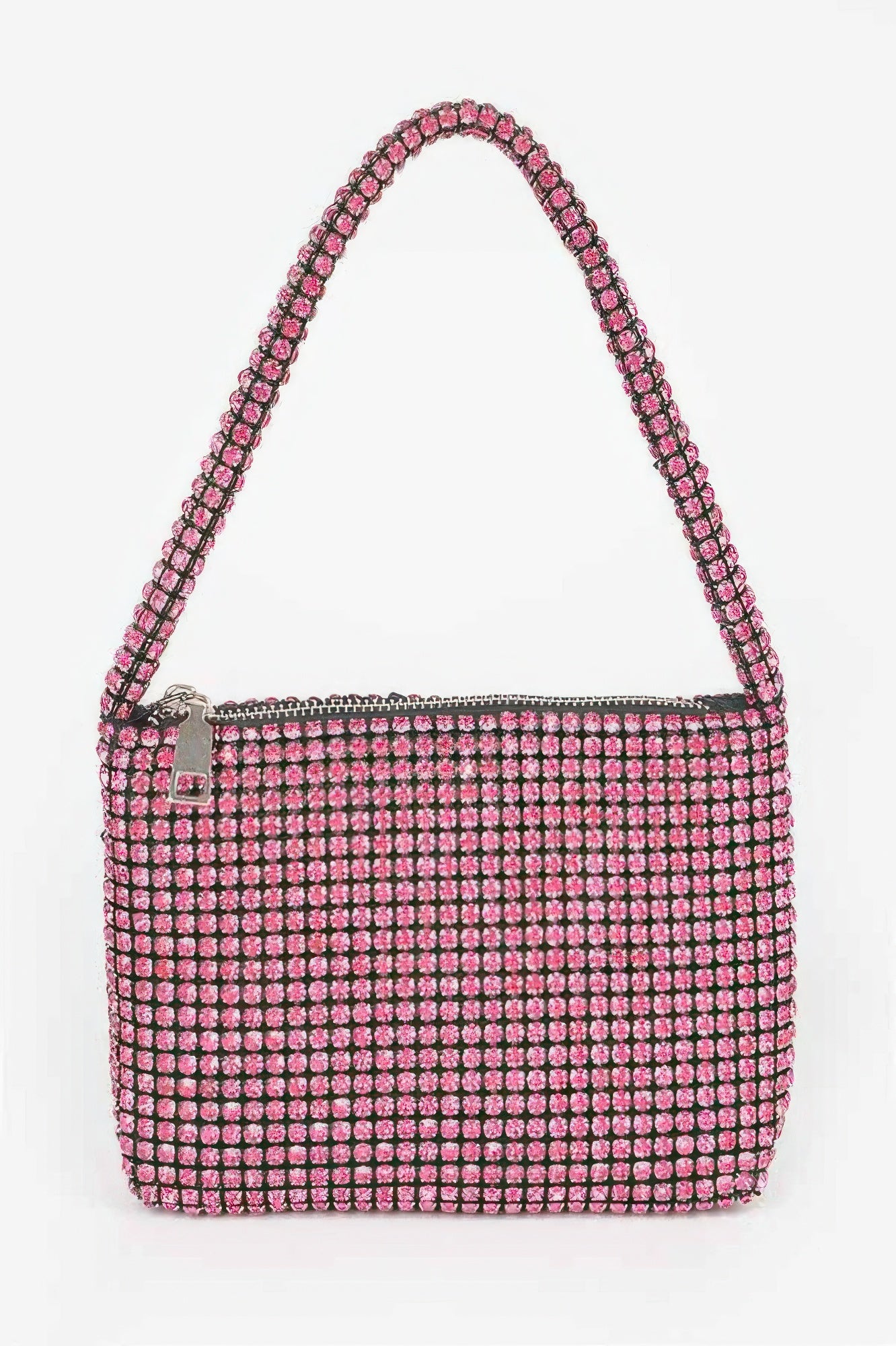 CCWHOLESALECLOTHING Small Hobo Bag pink rhinestone mesh shoulder bag with zipper and single strap