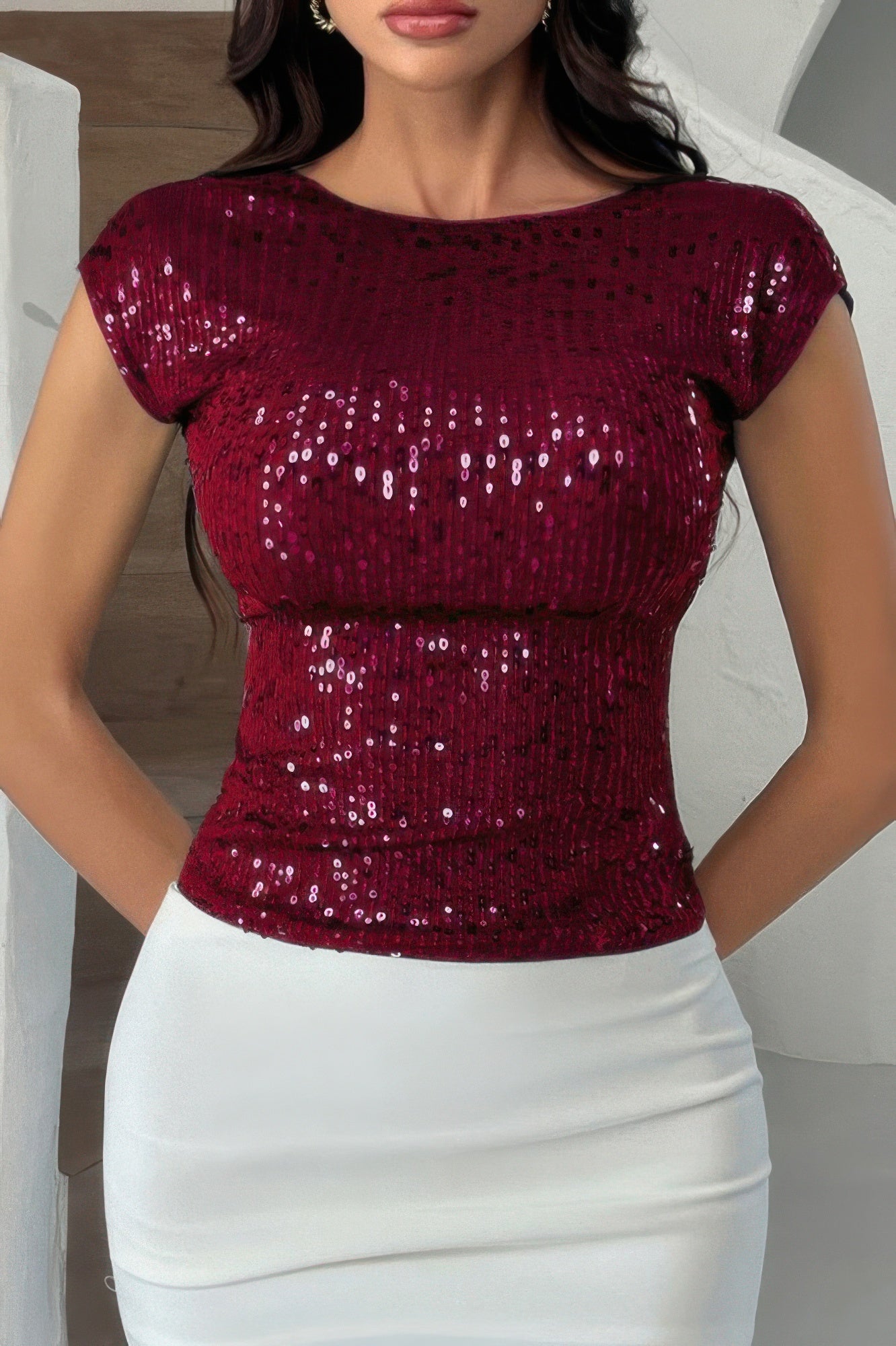 Burgundy sequin crop top short sleeve fitted party top styled with white pencil skirt