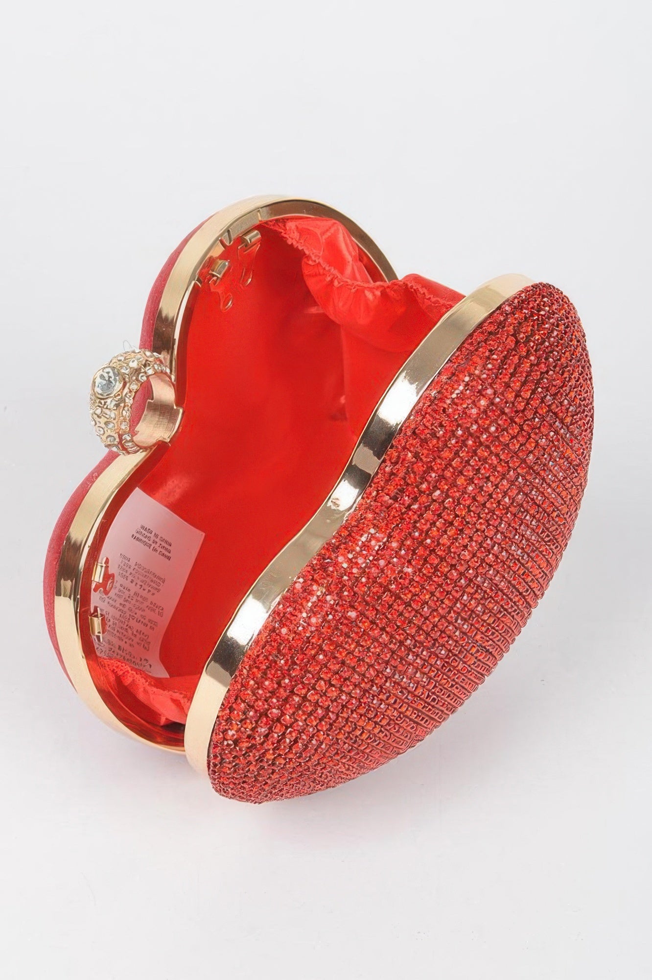 Heart Shape Party Clutch red rhinestone heart clutch with gold frame jeweled ring clasp and satin lining