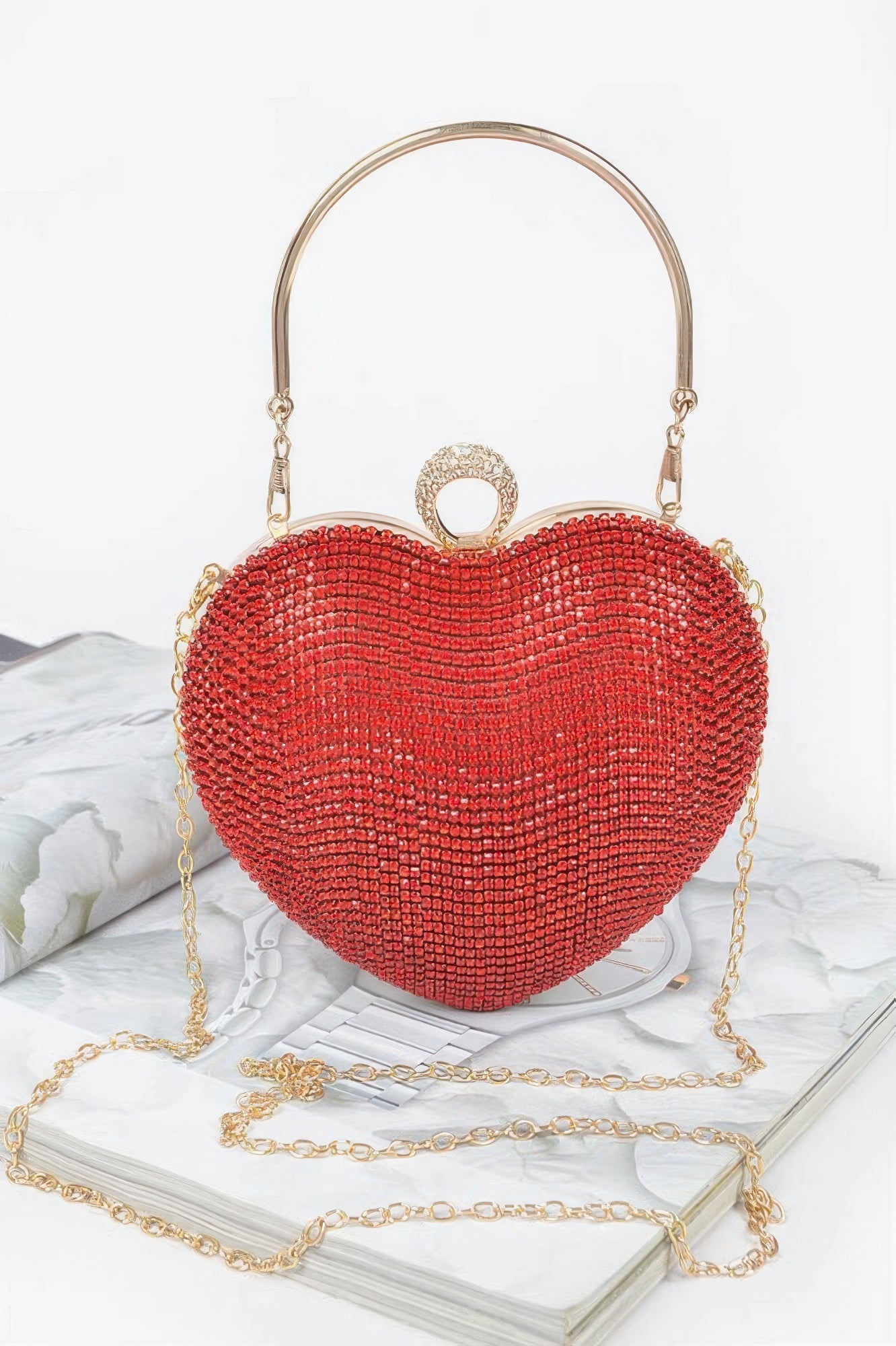 CCWHOLESALECLOTHING red rhinestone Heart Shape Party Clutch with gold handle and chain strap for events