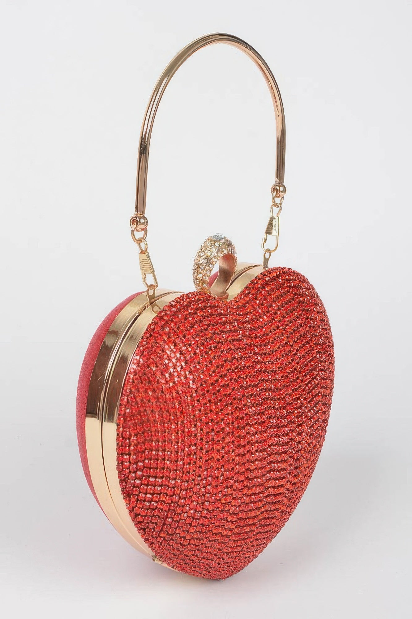 Heart Shape Party Clutch red rhinestone heart evening bag with gold handle and jeweled ring clasp