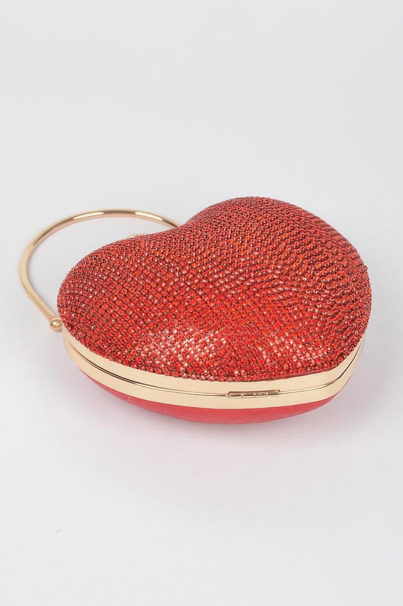 Heart Shape Party Clutch red rhinestone heart bag with gold metal frame and wrist strap for parties