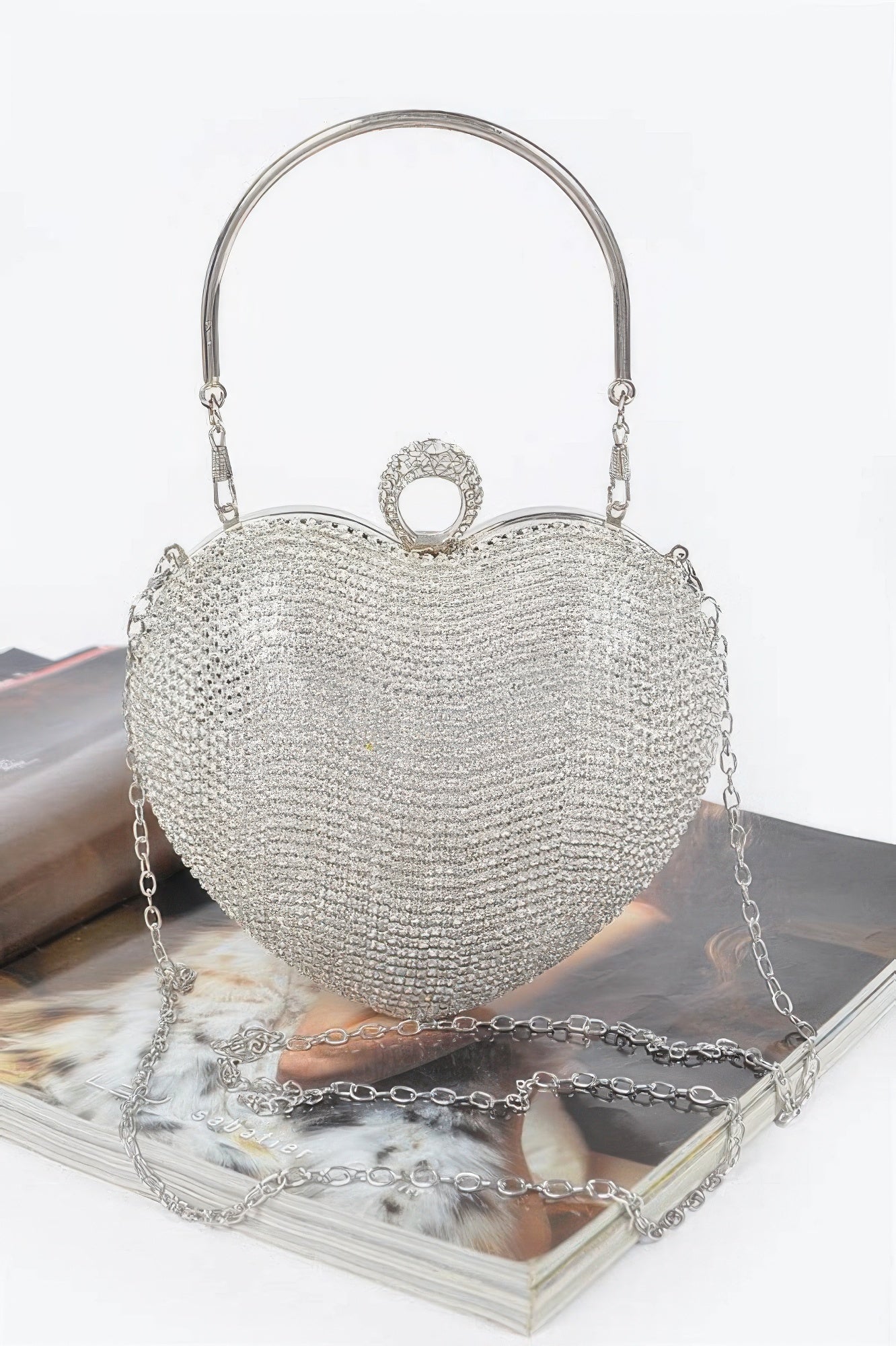 Heart Shape Party Clutch silver rhinestone heart shaped evening bag with top handle and chain strap
