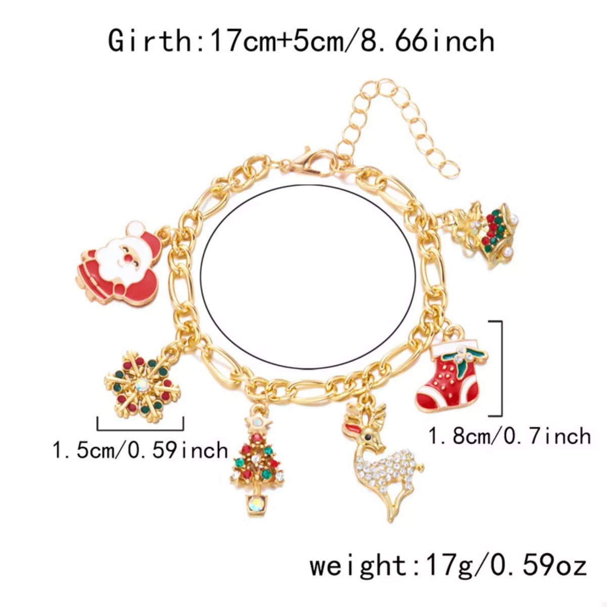 Gold-Plated Charm Bracelet featuring festive holiday charms including Santa, a snowflake, and a reindeer
