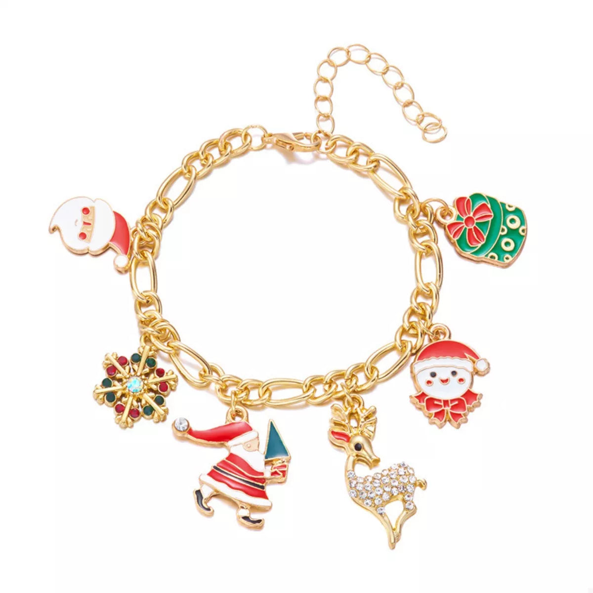 Gold-Plated Charm Bracelet with Festive Holiday Charms including Santa and Snowman