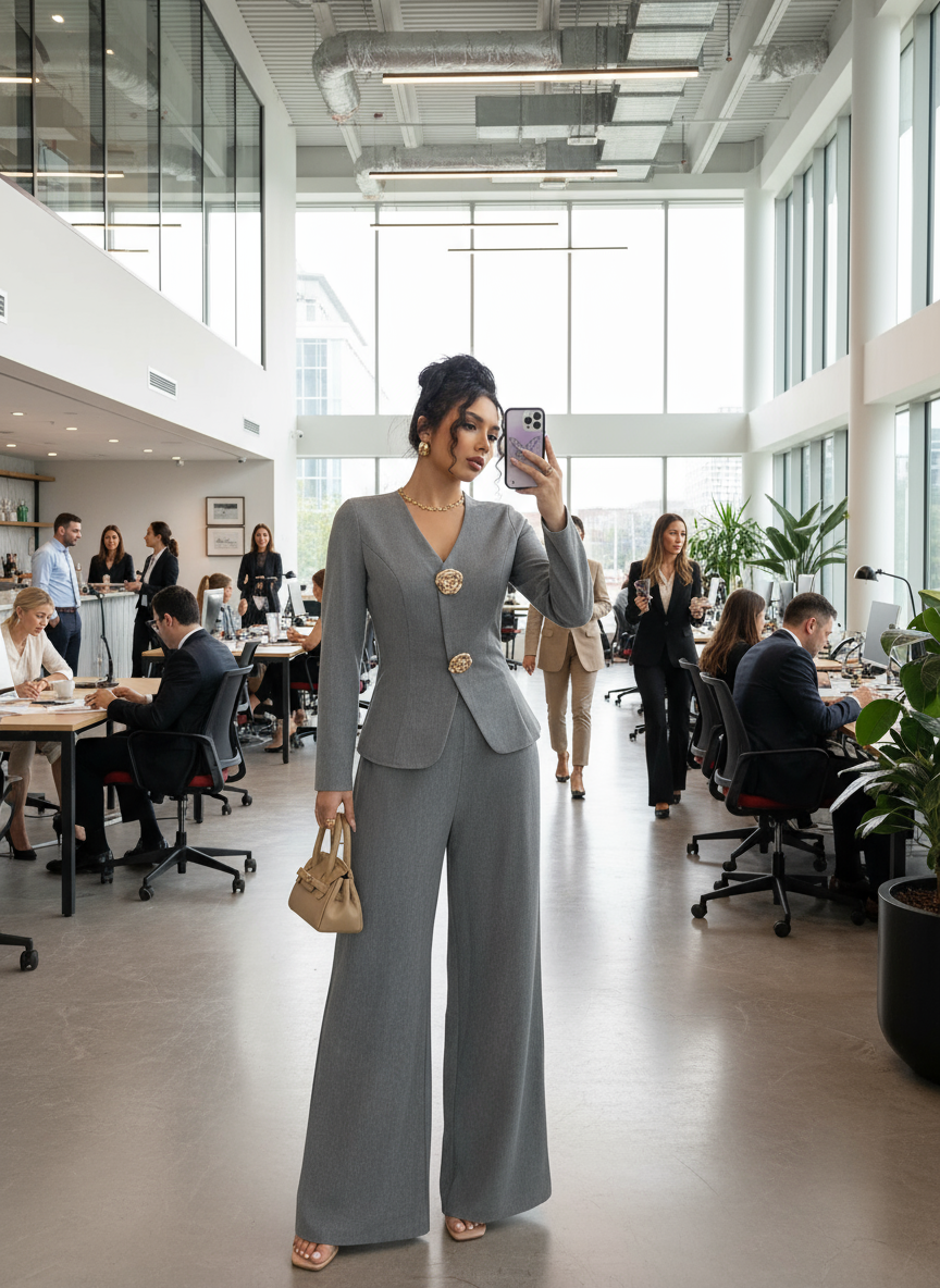 Gray blazer and wide-leg pants set office professional lifestyle