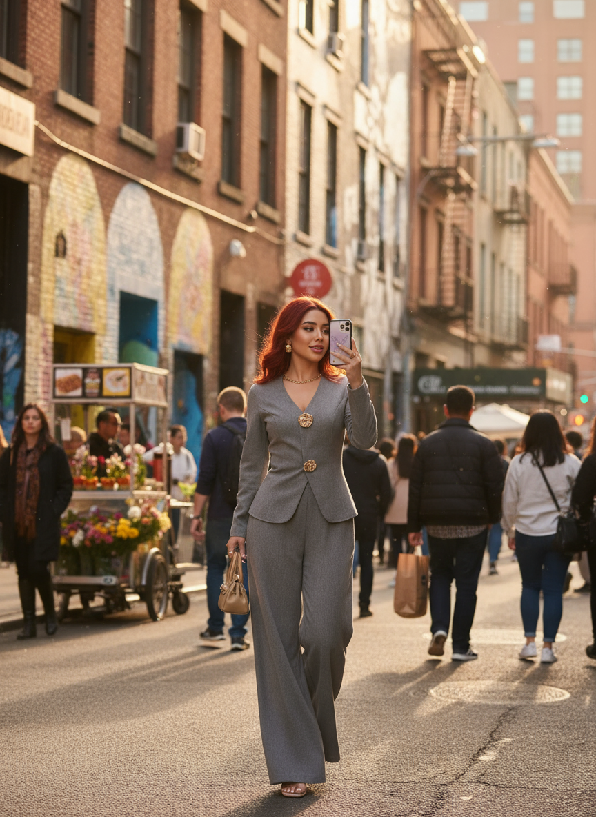 Gray blazer and wide-leg pants set urban street lifestyle
