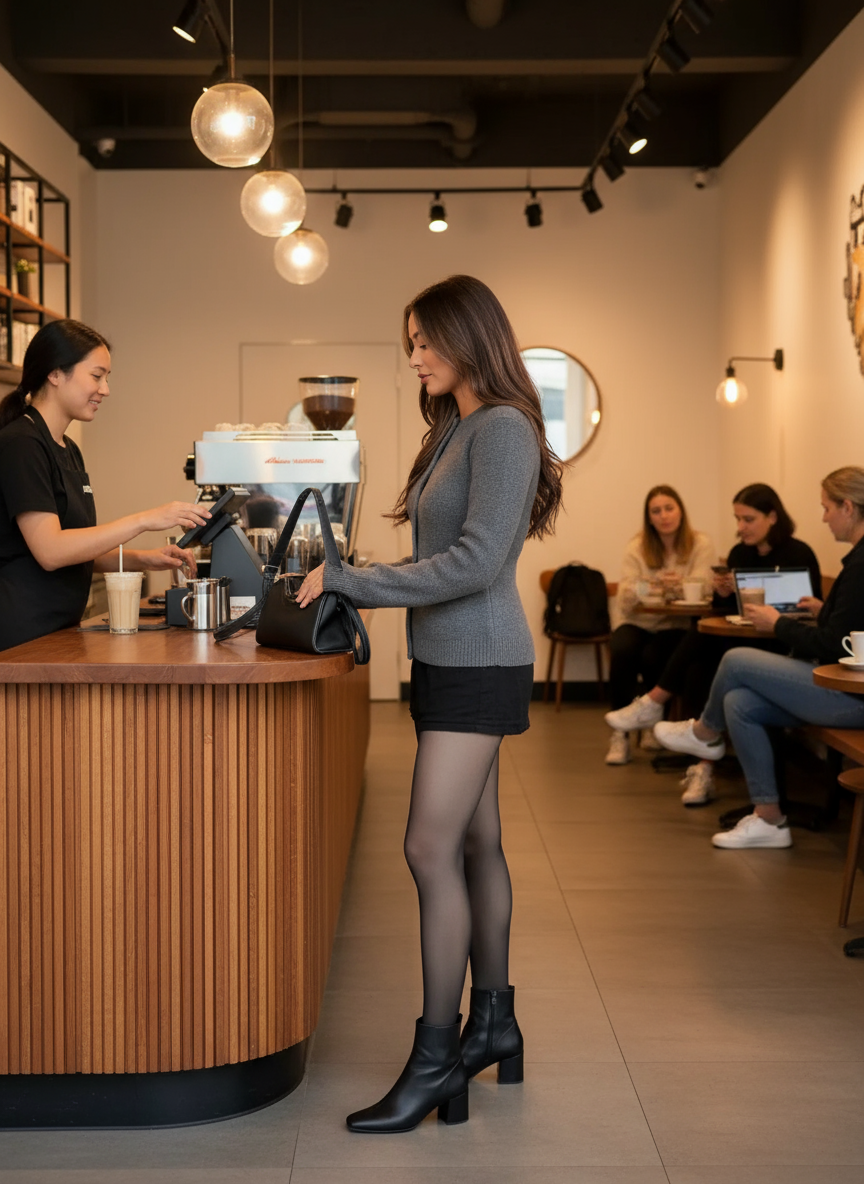 Gray button-down knit car![Gray button-down knit cardigan brunette lifestyle image