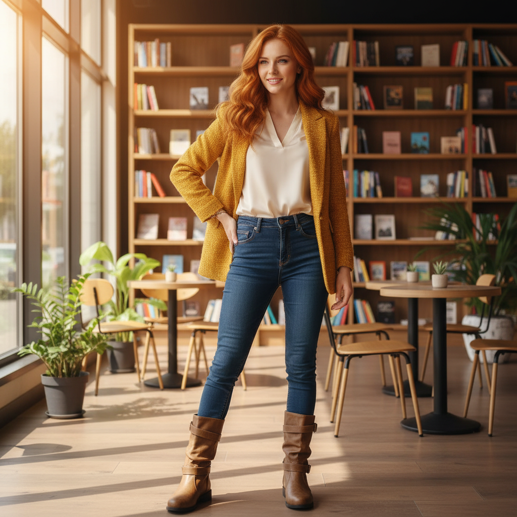 Gray mid-calf buckle strap boots bookstore cafe lifestyle