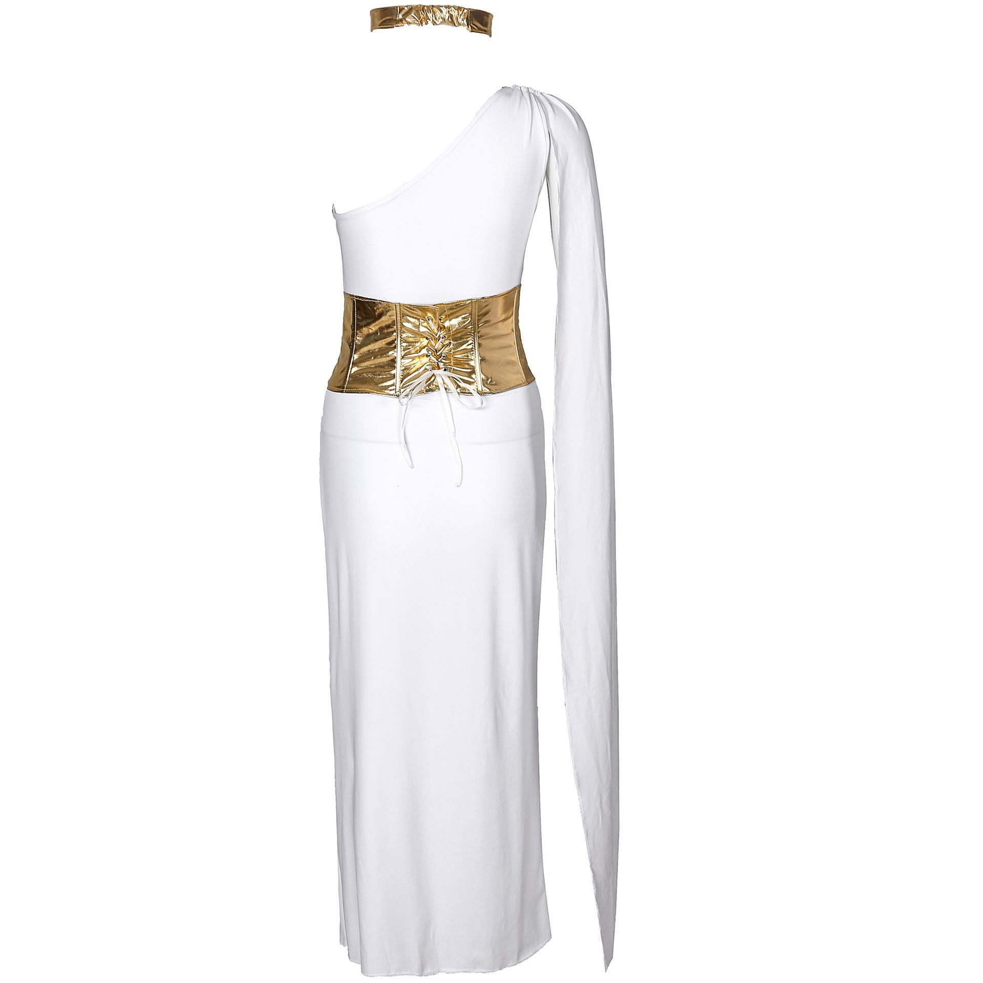 Elegant Greek Goddess Costume in white with gold accents and one shoulder design for themed events
