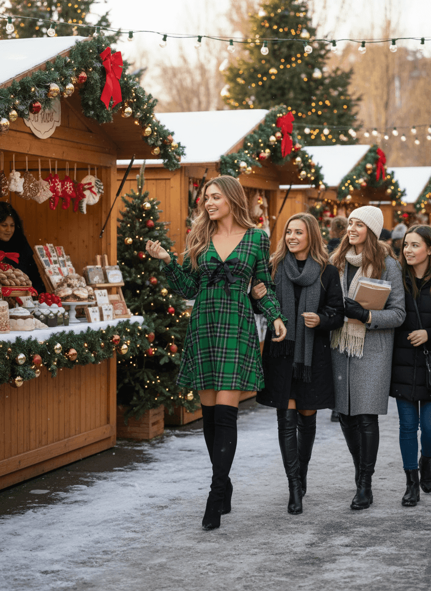 Plaid Mini Dress - V-Neck Tie Front Holiday Dress - Fashions Envy