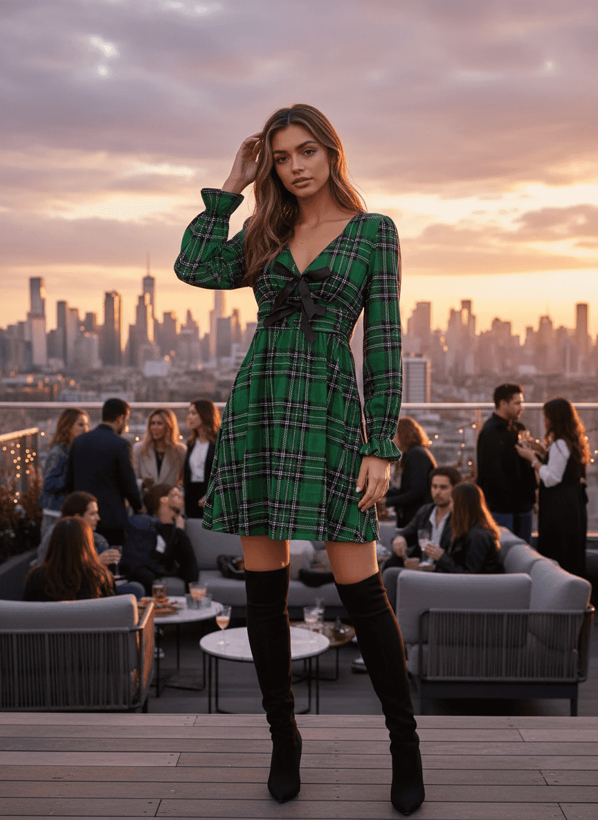 Plaid Mini Dress - V-Neck Tie Front Holiday Dress - Fashions Envy