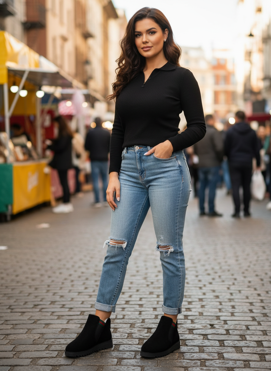 Half body lifestyle image clearly showing designer stripe ankle boots