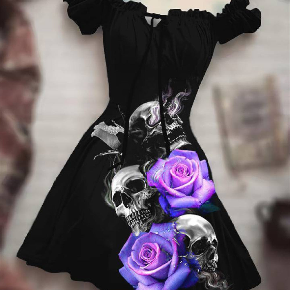 Halloween Skull Dress featuring a black design with purple roses and skull graphics