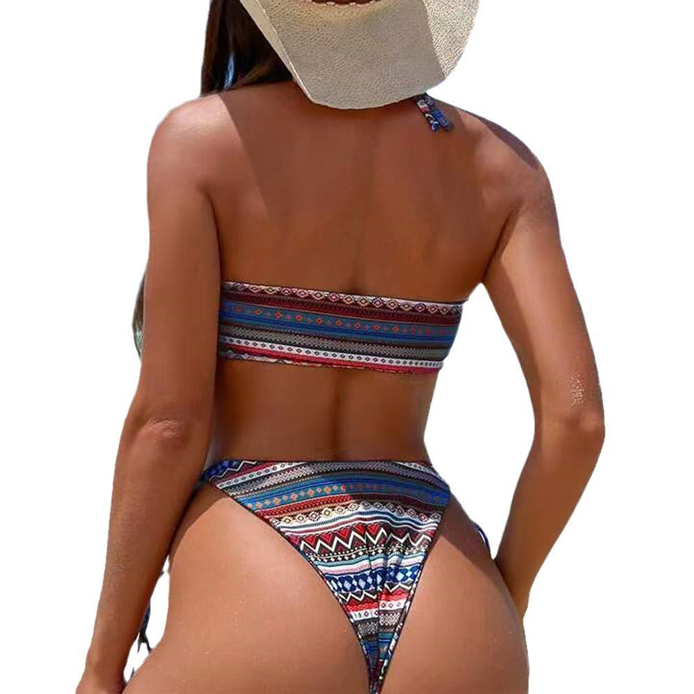 Trendsi Halter Split Self Tie Bikini with colorful tribal pattern worn by woman from back