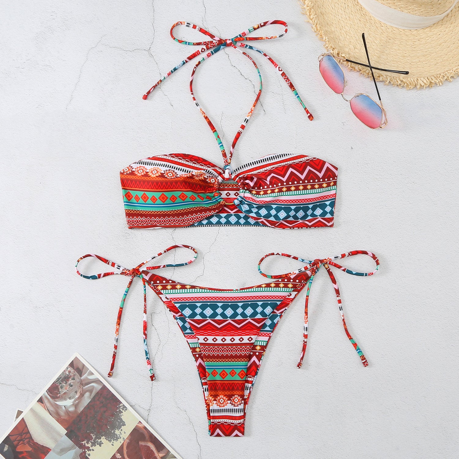 Trendsi Halter Split Self Tie Bikini in red and teal tribal print with matching top and bottom