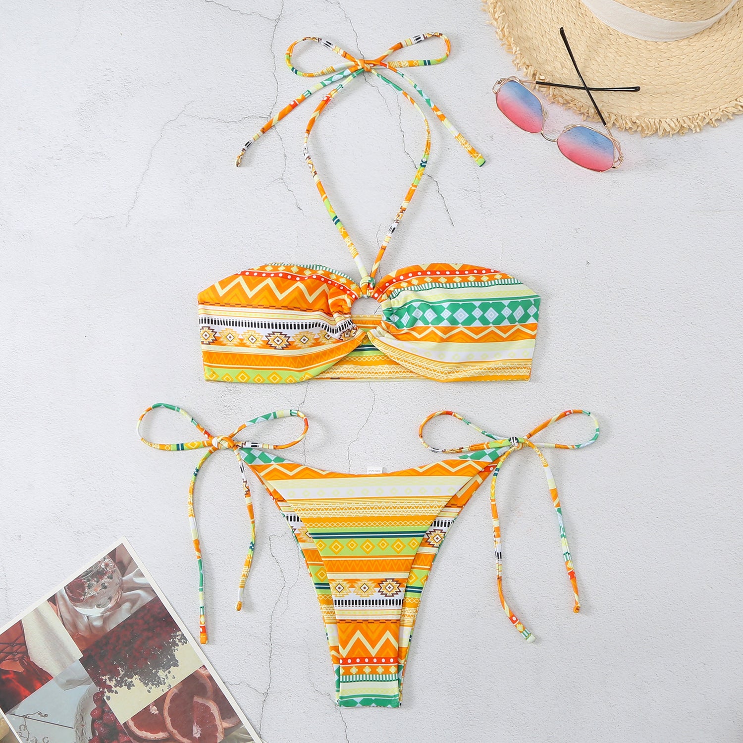 Trendsi halter split self tie bikini with multicolor geometric stripes and adjustable ties