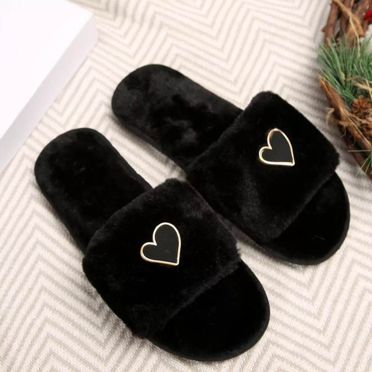 Heart Open Toe Flat Slippers - Cozy PU Leather Slippers - Fashions Envy