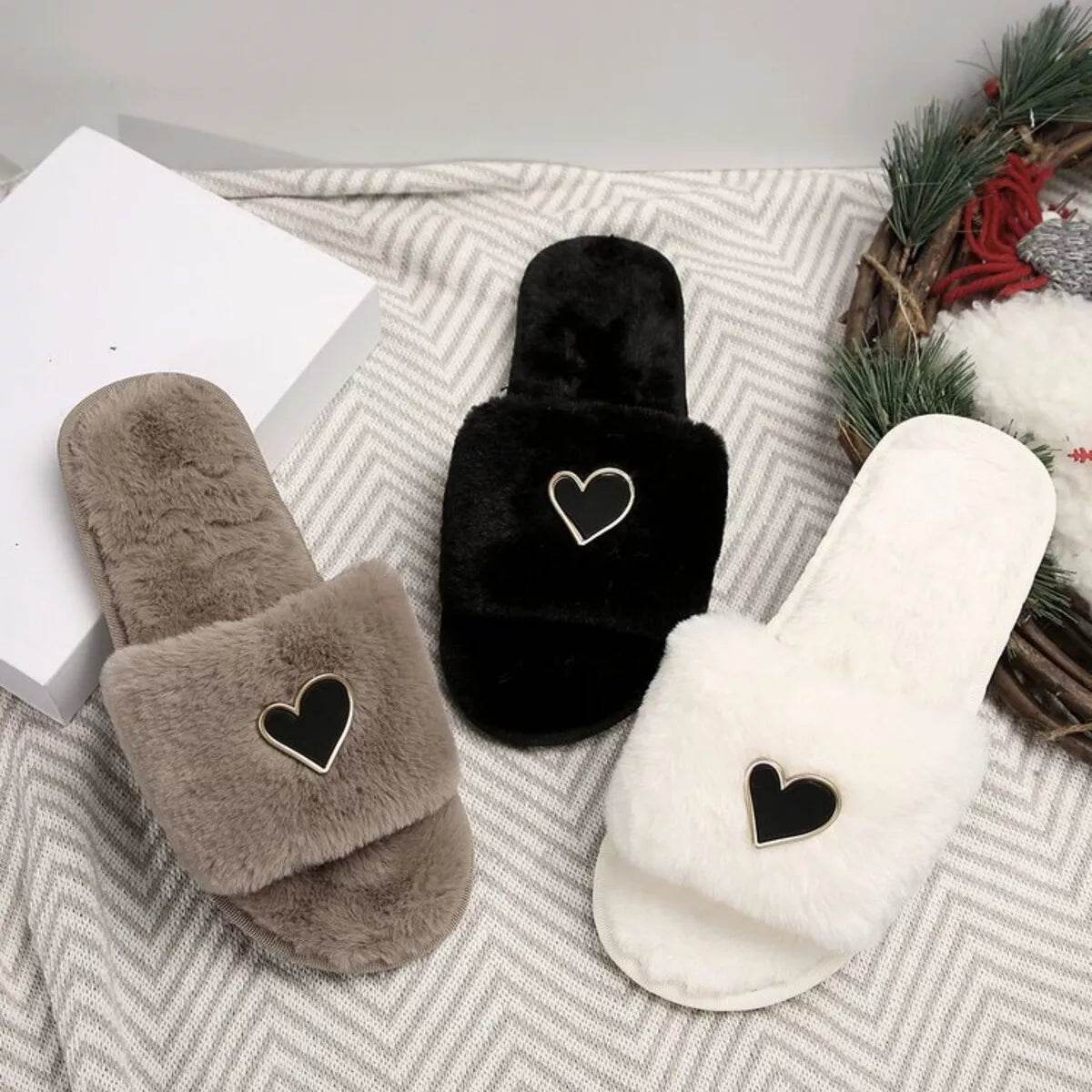 Heart Open Toe Flat Slippers - Cozy PU Leather Slippers - Fashions Envy