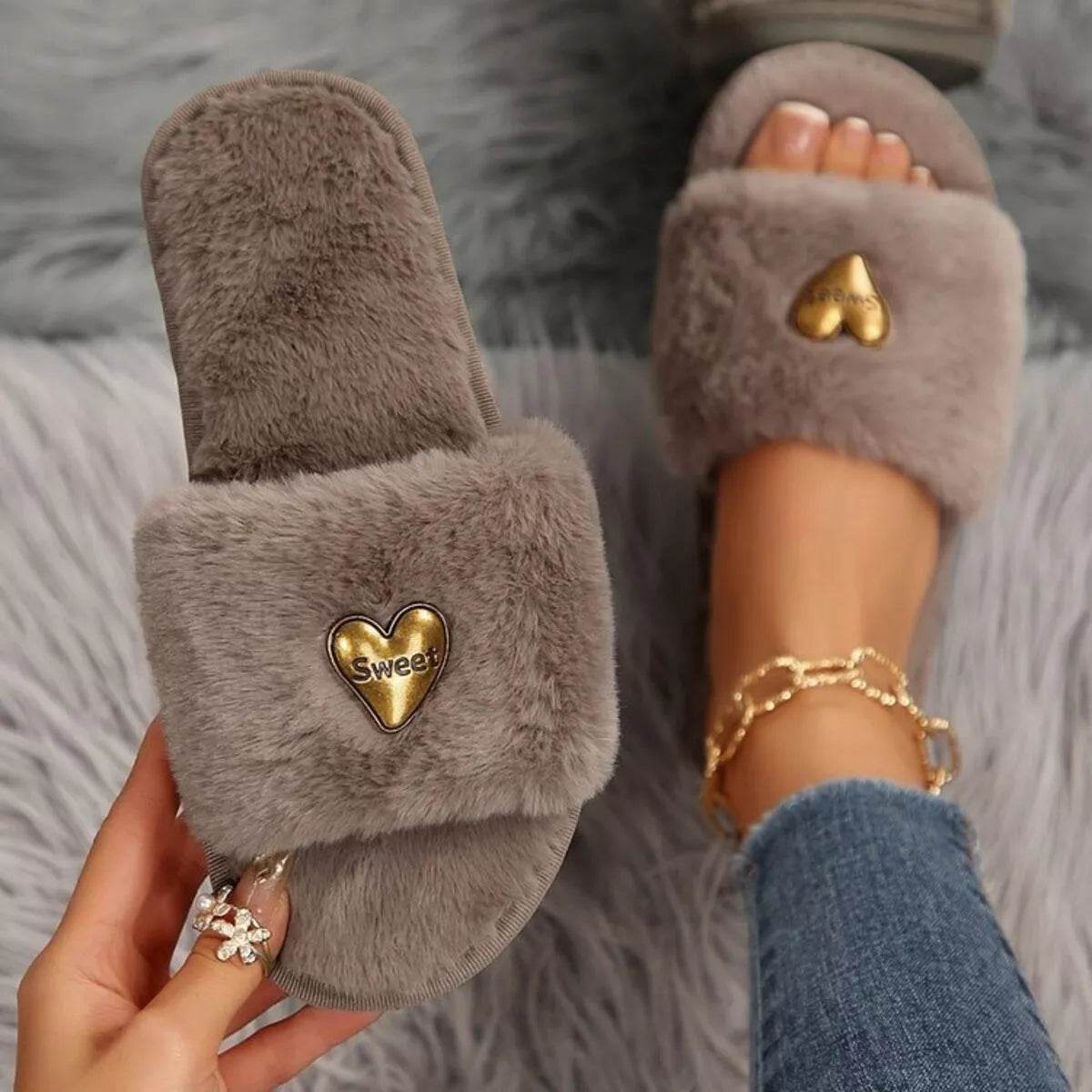 Heart Open Toe Flat Slippers - Cozy PU Leather Slippers - Fashions Envy