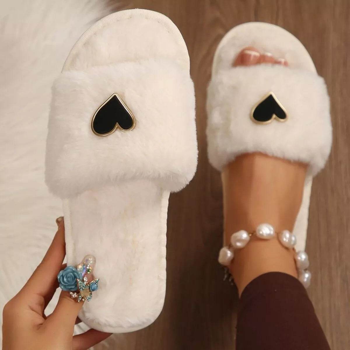 Heart Open Toe Flat Slippers - Cozy PU Leather Slippers - Fashions Envy