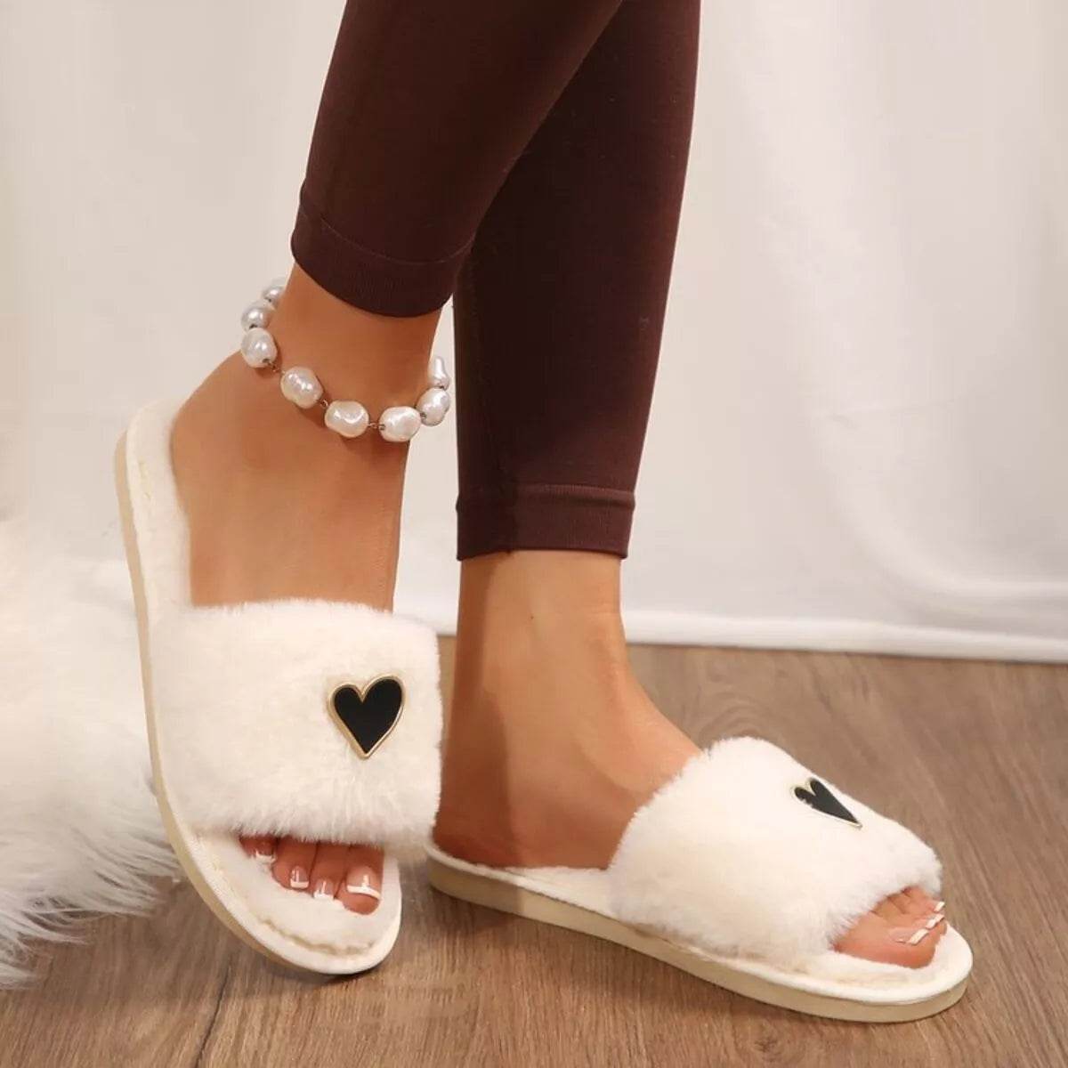 Heart Open Toe Flat Slippers - Cozy PU Leather Slippers - Fashions Envy