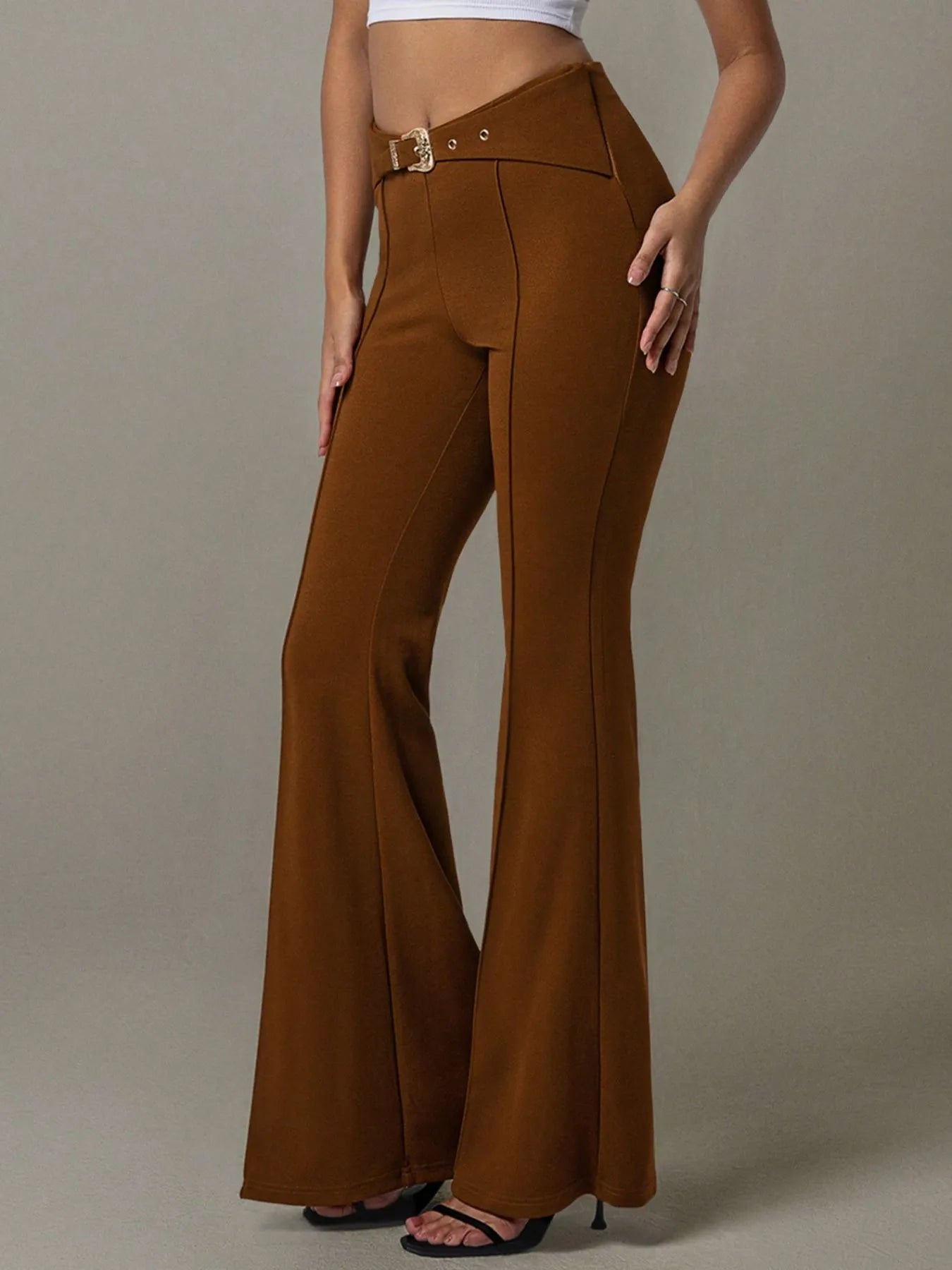 Trendsi High Waist Flare Pants in brown with a stylish belt for a fashionable look