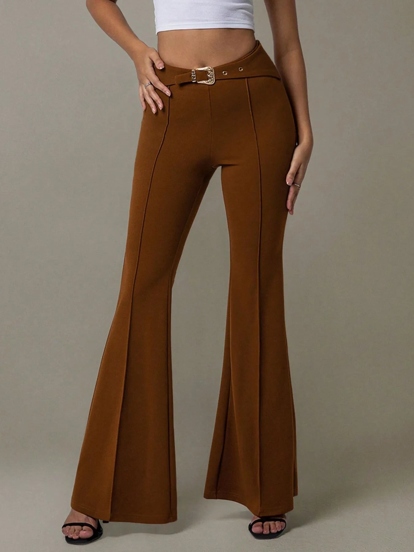 Trendsi High Waist Flare Pants in brown with a stylish belt detail for a chic look