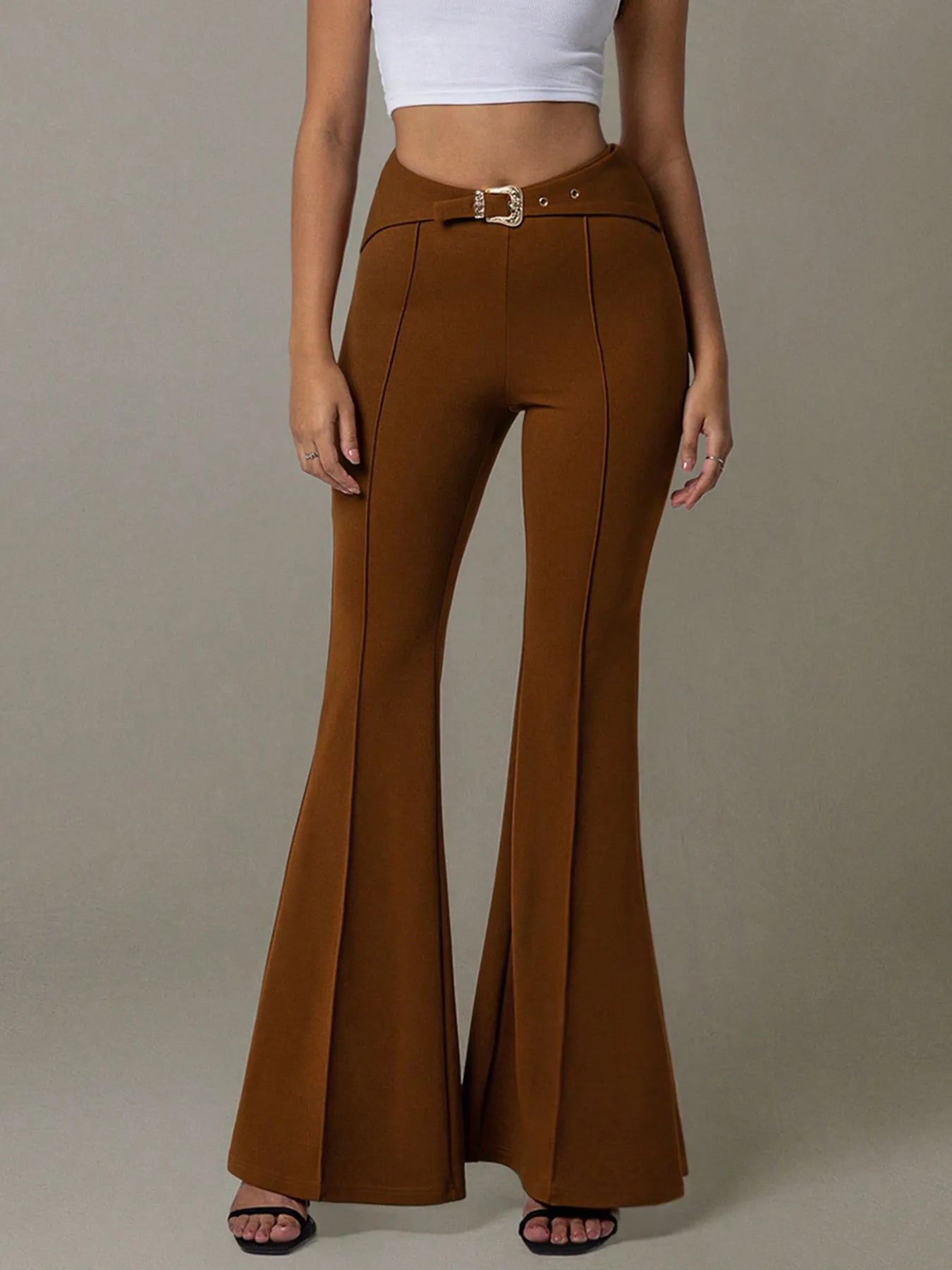 Trendsi High Waist Flare Pants in Brown with Belted Waist and Flared Hem for a Chic Look
