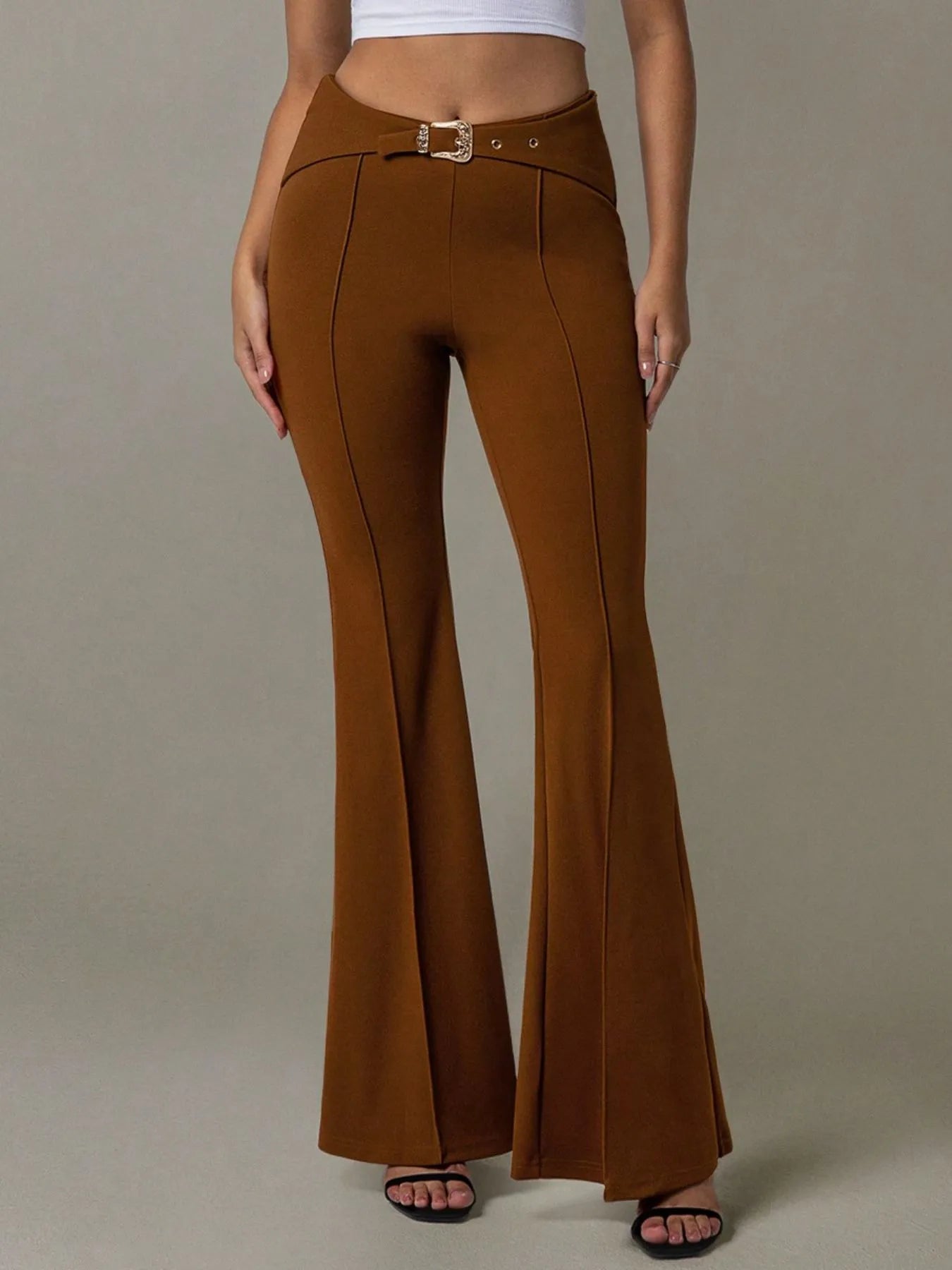 Trendsi High Waist Flare Pants in brown with a stylish belt detail for trendy outfits