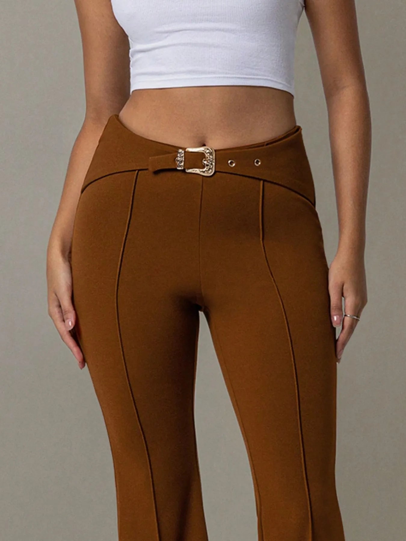 Stylish High Waist Flare Pants in Brown with a decorative belt for a fashionable look