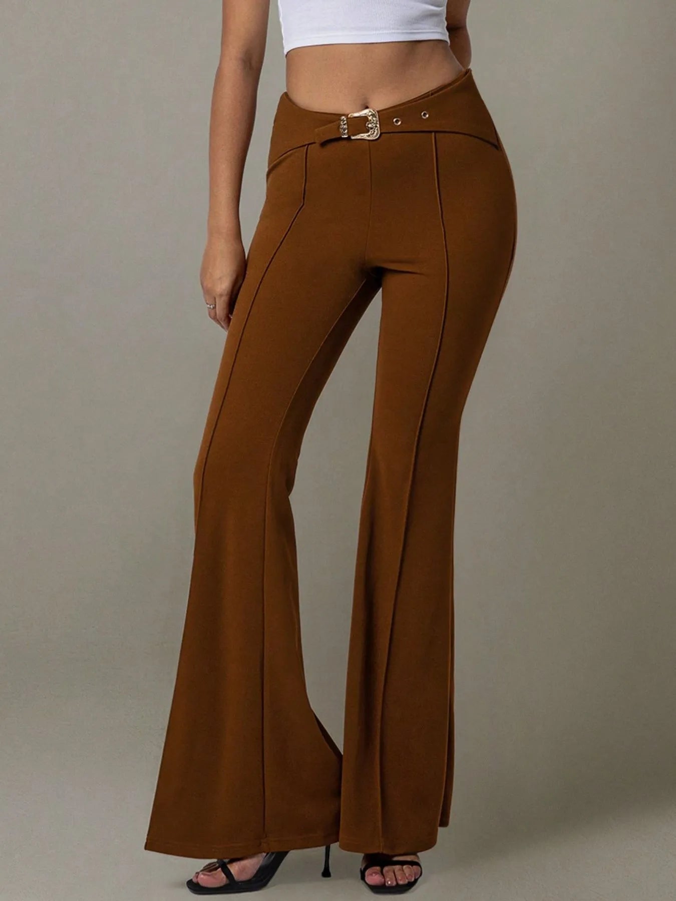 Trendsi High Waist Flare Pants in Brown with Belt Detail for a Stylish Look