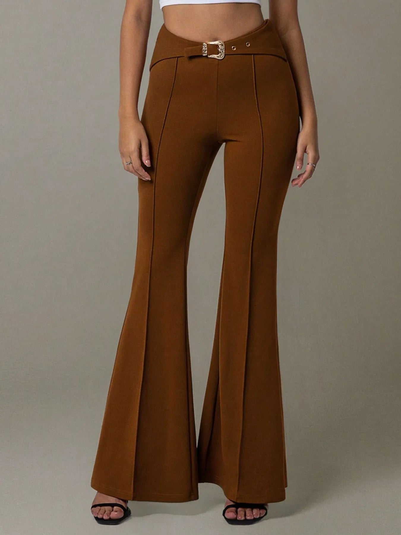 Trendsi High Waist Flare Pants in brown with a stylish belt and elegant wide legs