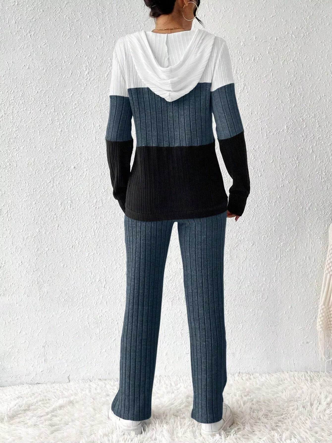 Trendsi Hooded Top and Pants Set in a stylish color block design for a trendy casual look