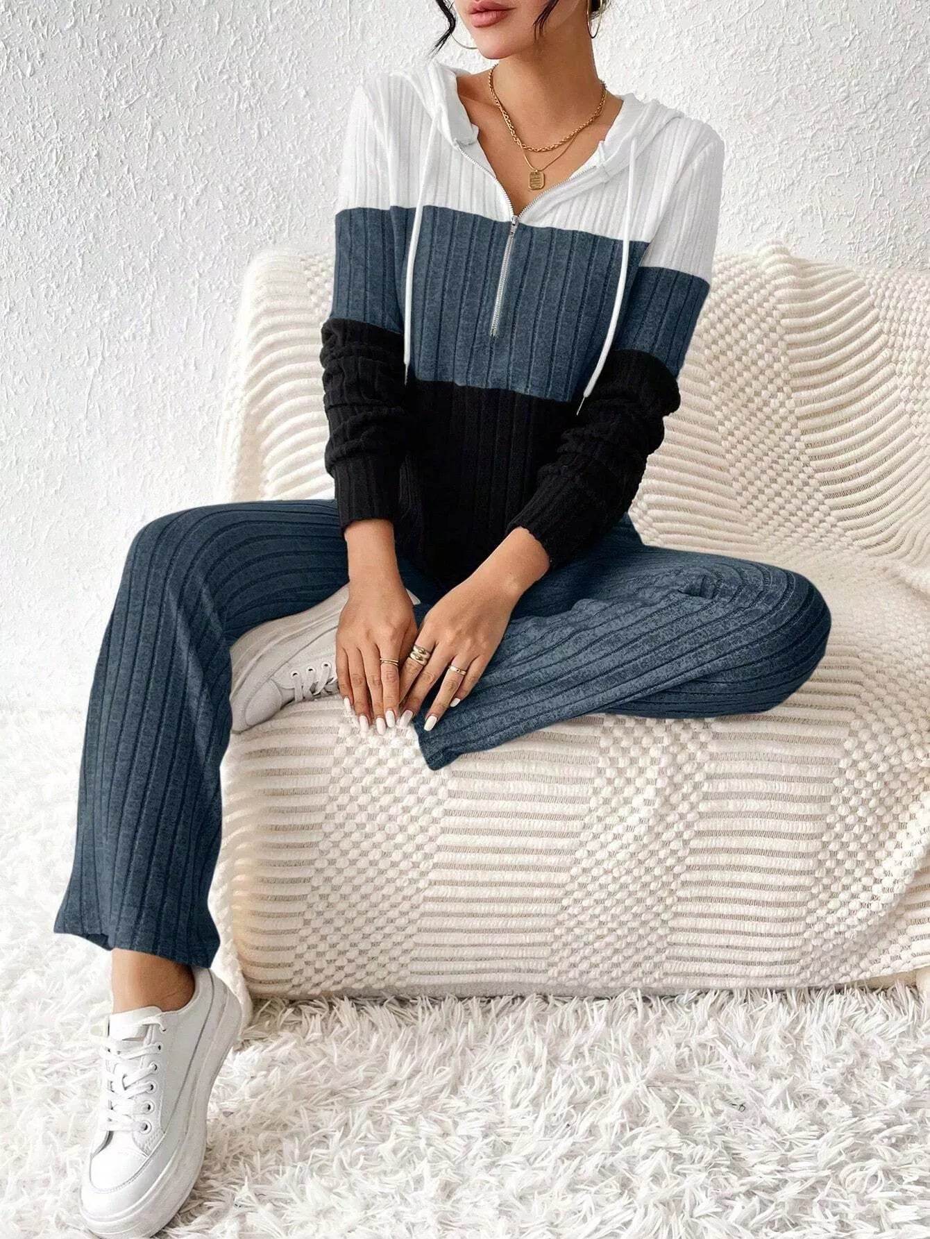 Trendsi Hooded Top and Pants Set in stylish color block design with ribbed texture for comfortable wear