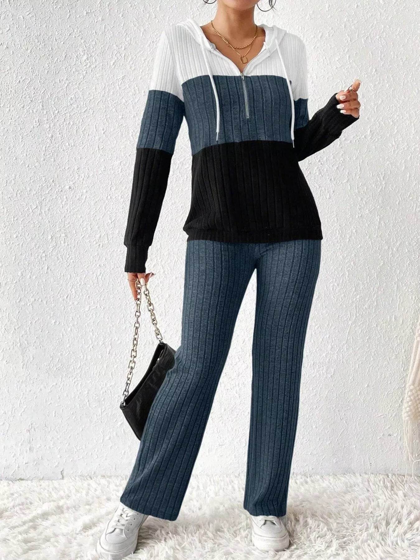 Trendsi Hooded Top and Pants Set in Blue, Black, and White with Ribbed Texture for Casual Comfort