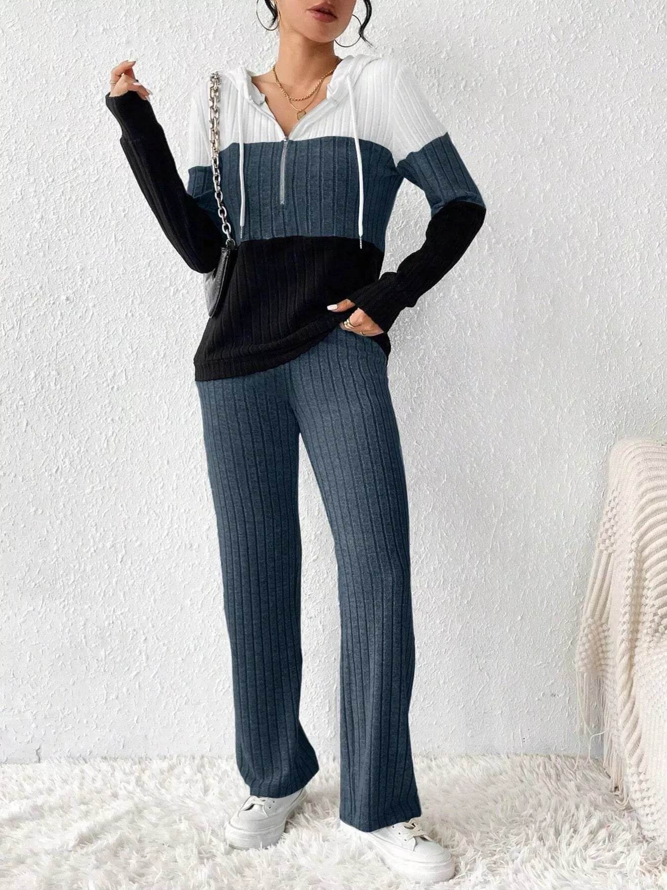 Trendsi Hooded Top and Pants Set in color block design with a zip front and ribbed texture